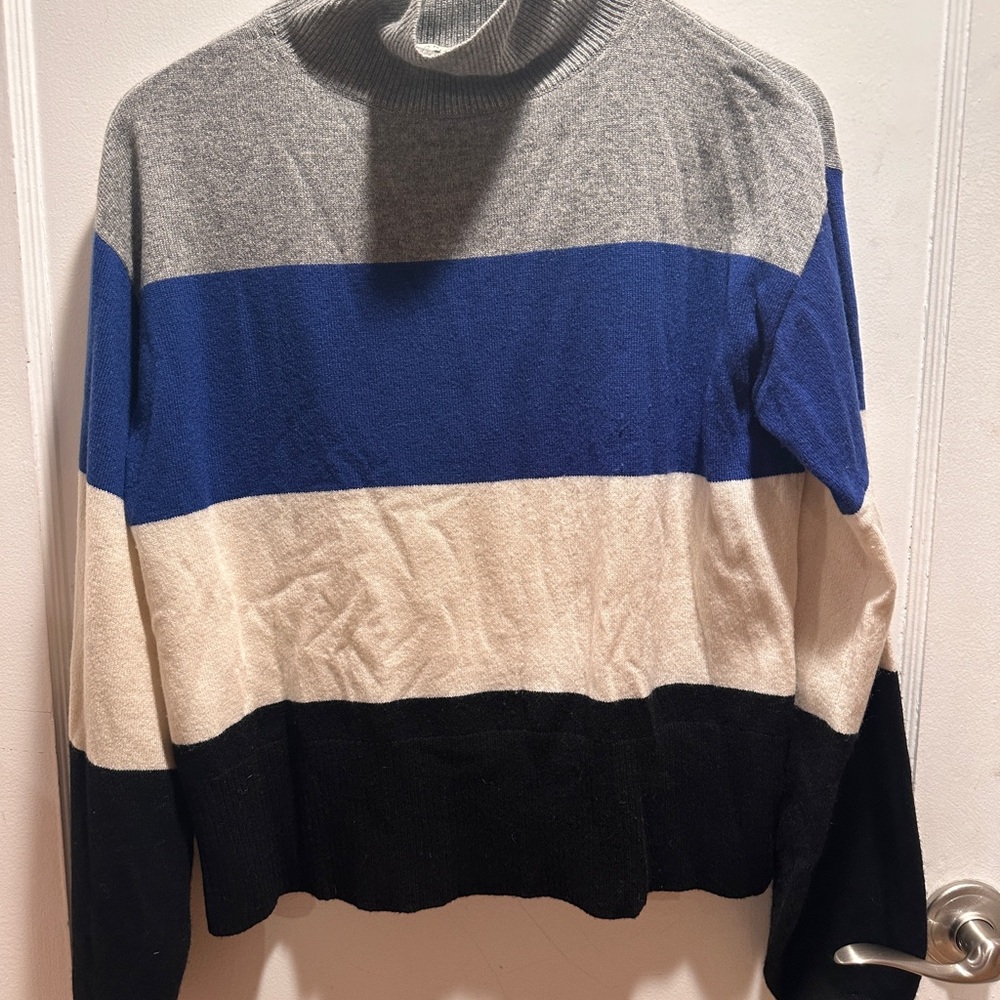 Women 100% Cashmere Veronica Bear Striped Sweater - Gray, Blue, Cream, and Black